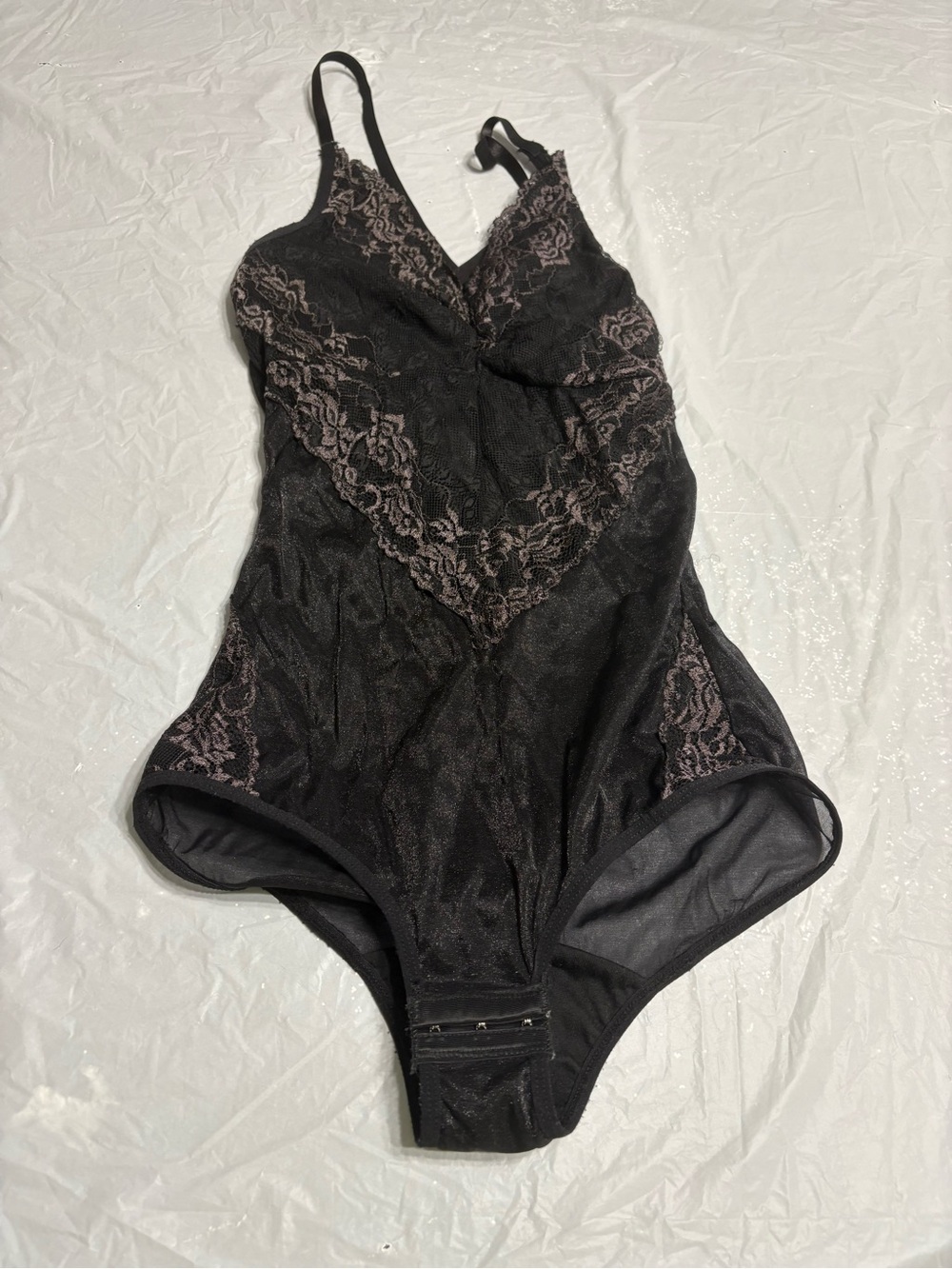 Sheer Lace-Trim Black Bodysuit with Delicate Contrast Lace